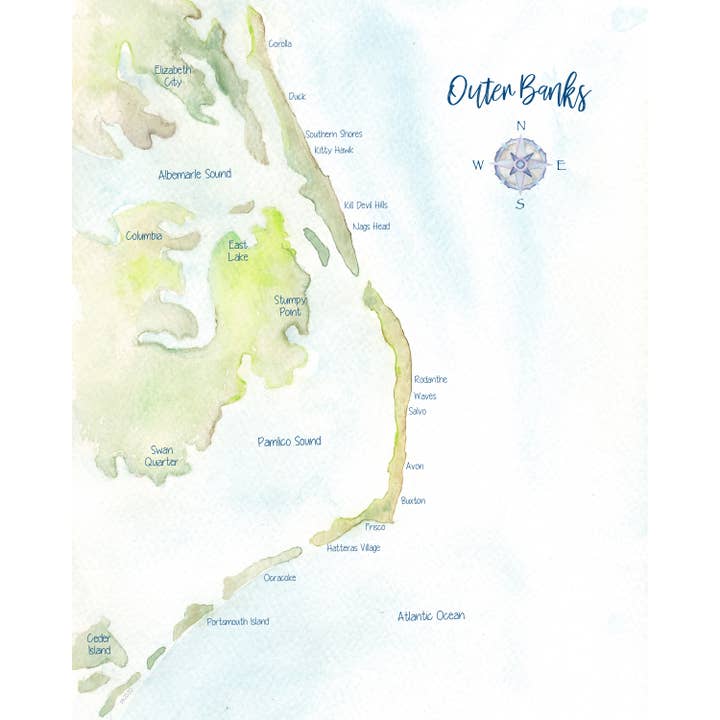 Outer Banks NC Hand-painted Watercolor Map - Art Print for wholesale by Molly Joseph Fine Art
