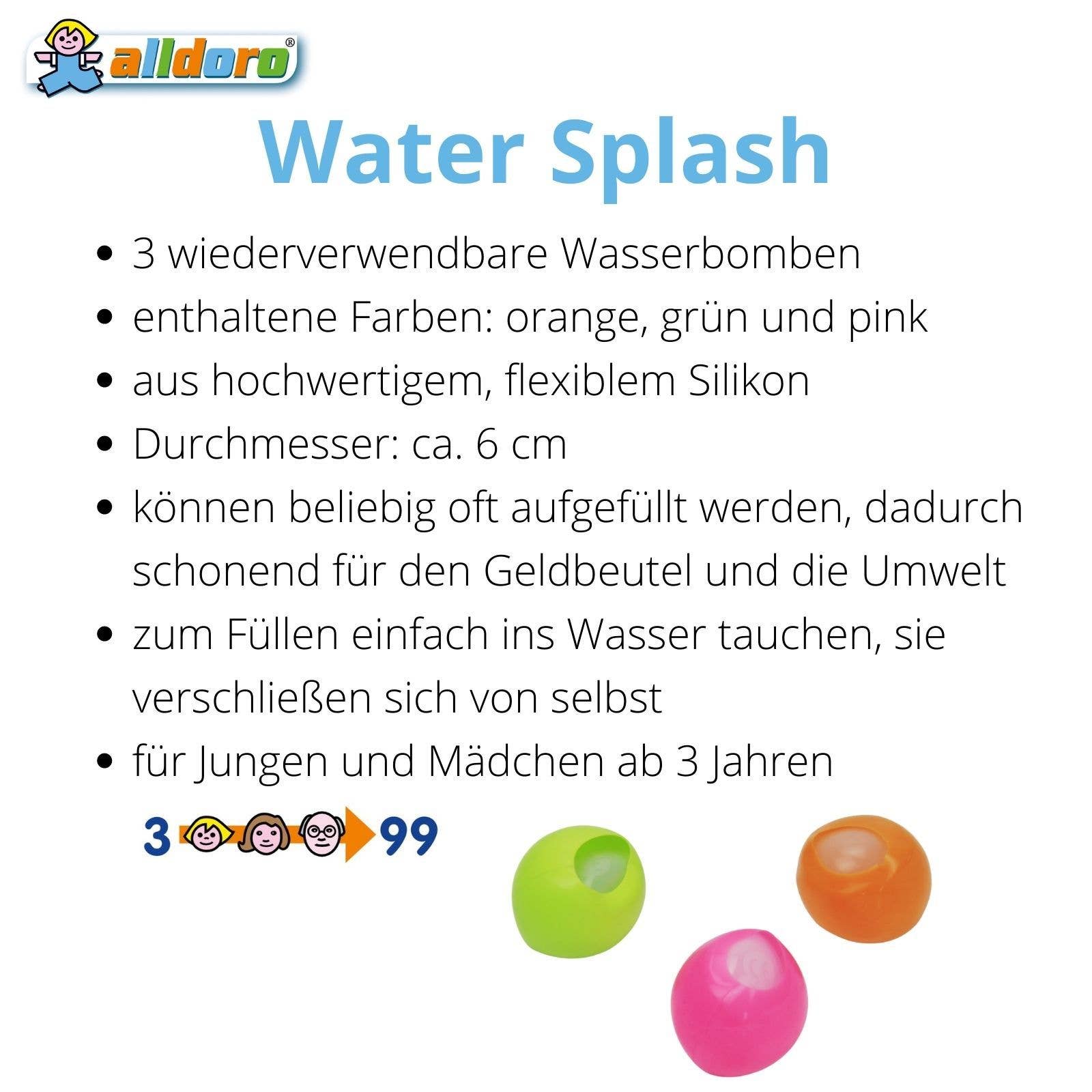 alldoro GmbH - Wholesale Beach/Pool Toy - Kids & Baby - Water splash, set of 3 water bombs in pink, green and orange2