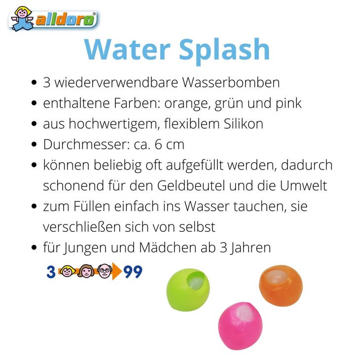 alldoro GmbH - Wholesale Beach/Pool Toy - Kids & Baby - Water splash, set of 3 water bombs in pink, green and orange2