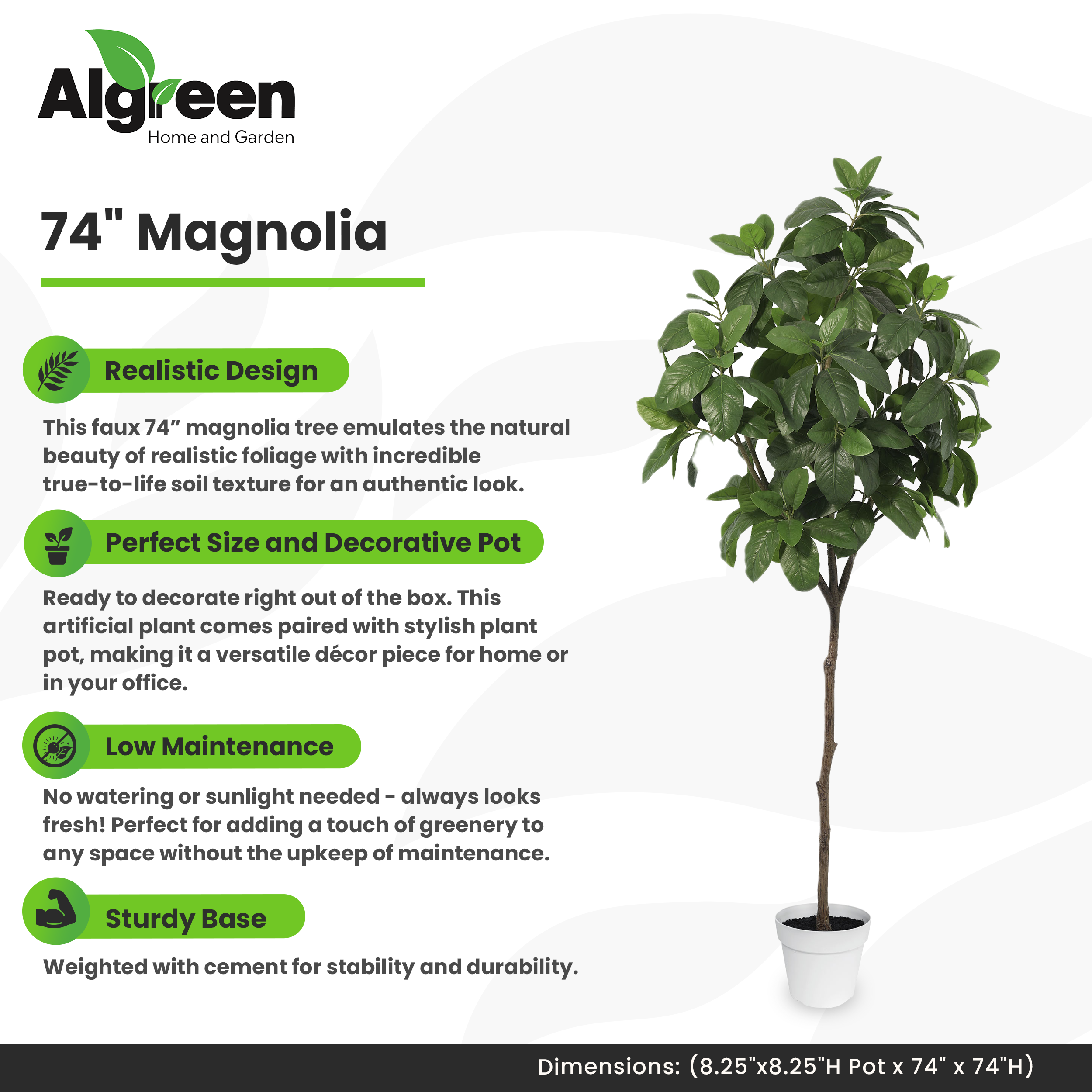 Algreen - Wholesale Artificial Plant - 74" Faux Magnolia Tree (8.25"pot; 73.7" x 73.7"H)4