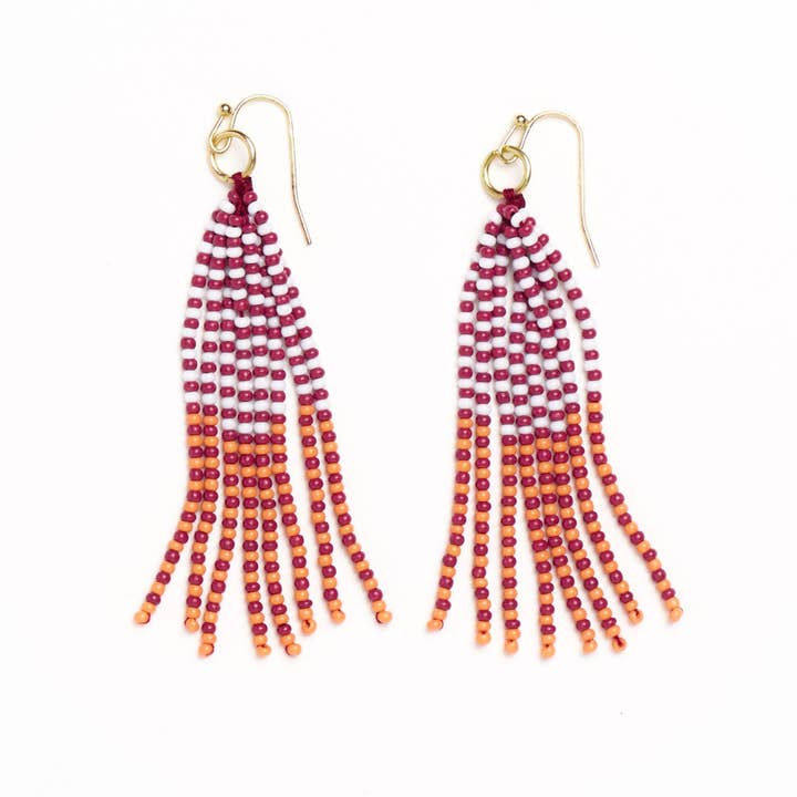 Game Day Tassel Seed Bead Earrings Maroon + Orange Wholesale for wholesale by INK + ALLOY