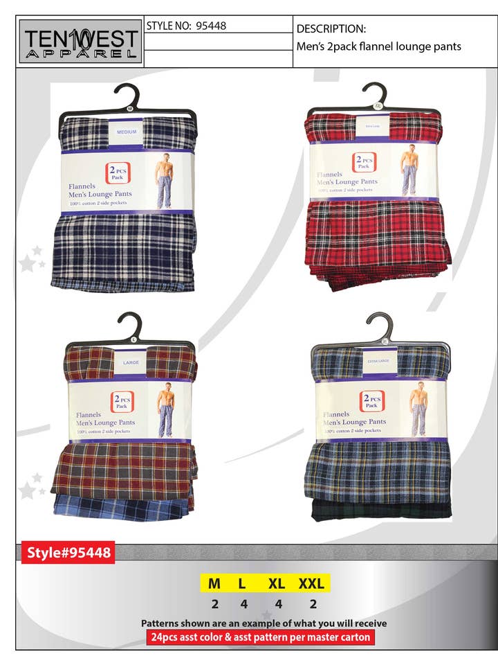 Mens 2pk flannel lounge pants for wholesale by Ten West Apparel