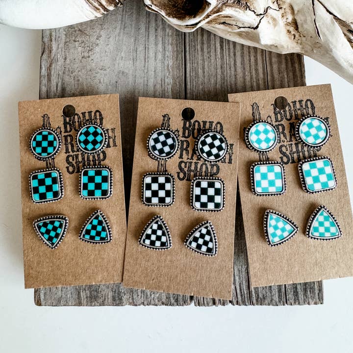 Boho Ranch Shop - Wholesale Jewelry Set - Western Checker Shape Post Combo Earring Set4