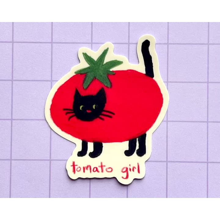 Tomato Girl Black Cat Vinyl Sticker for wholesale by 2Birds1Pencil Illustrations
