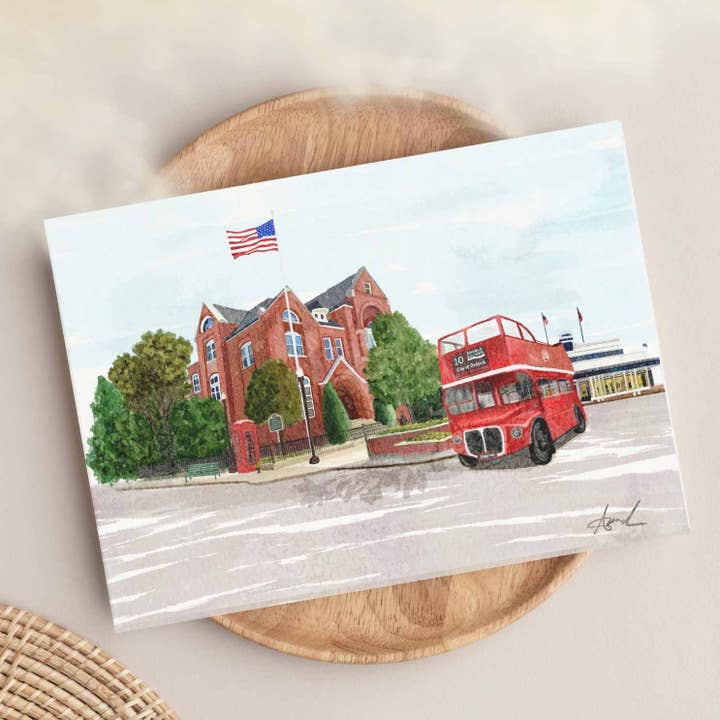 Carper Creative Co. – wholesale Art print – City Hall Double Decker Bus Oxford MS Watercolor Art Print1