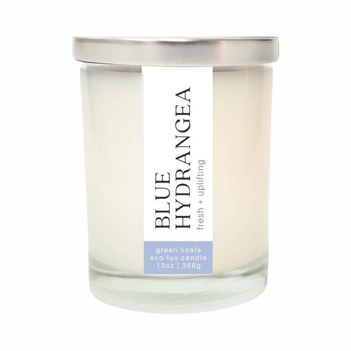 Blue Hydrangea 13oz Eco-Luxury Candle for wholesale by Green Koala