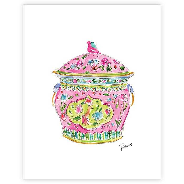 Impression artistique d'une urne chinoiserie rose peinte à la main pour la vente par RosanneBeck Collections