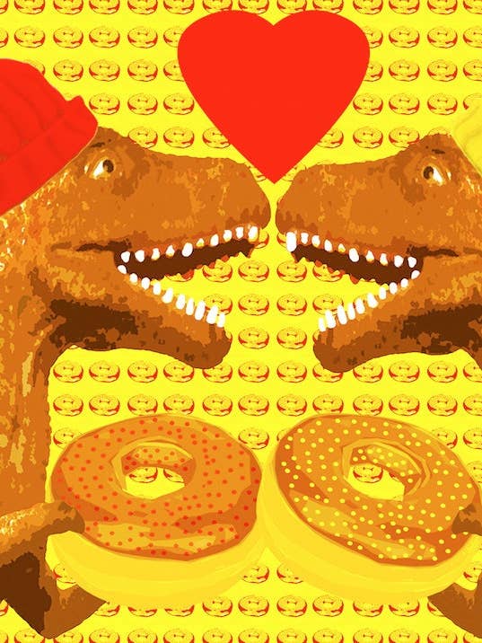 T Rex Loves Dounuts Pop Art Print by Giraffes and Robots for wholesale by Giraffes and Robots Pop Art Studio