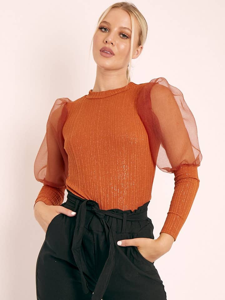 Rust Metallic Puff Sleeve High Neck Top - Blaike for wholesale by Rebellious Fashion