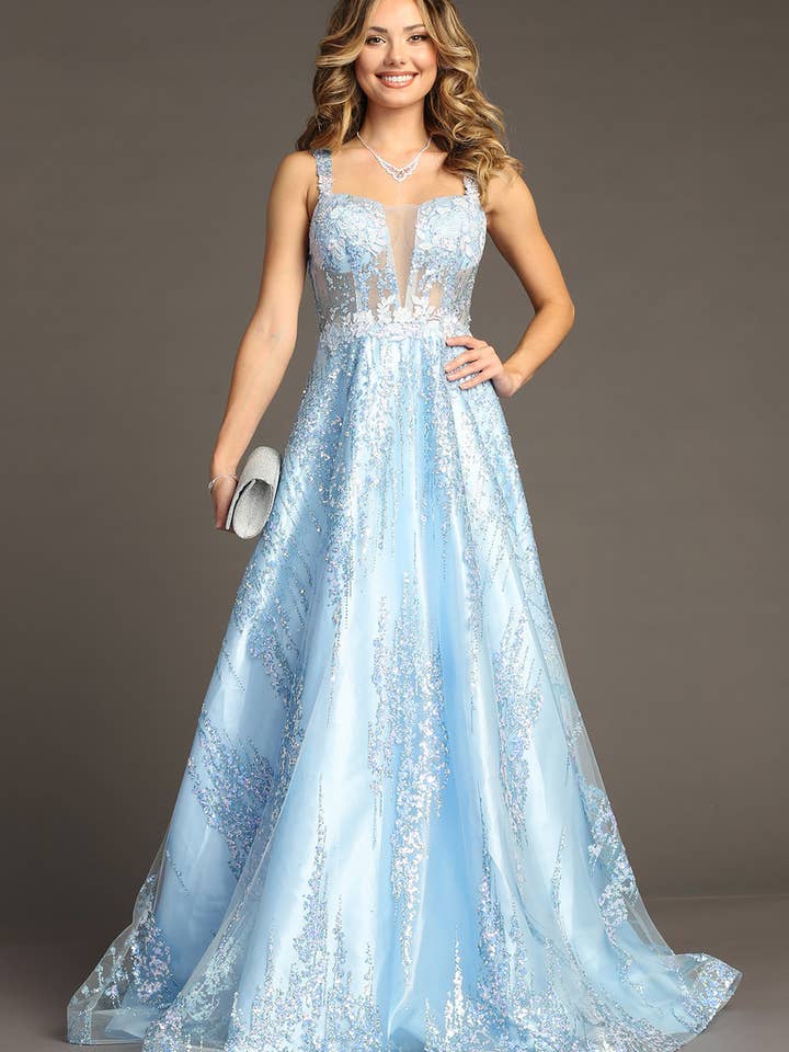 Vestido comprido em linha A com brilho e bordado floral, corpete transparente C821 por atacado de Chicas