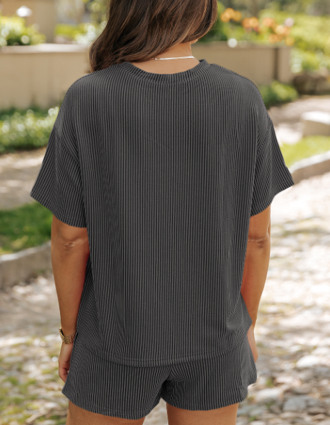 Lovesoft - Wholesale Top & Short Set (NOT Loungewear) - Women's - Phalaenopsi Ribbed Textured Knit Loose Fit Tee Shorts Set10