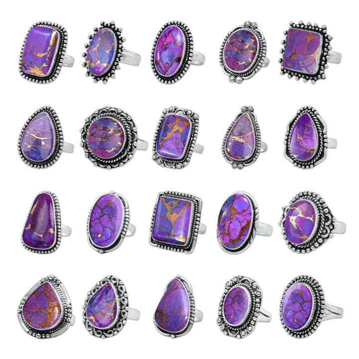 Handmade Jewels - Vente Bague de cocktail/de cérémonie - Bagues en turquoise cuivrée violette – Fait main, plaqué argent, bohème (sur commande)