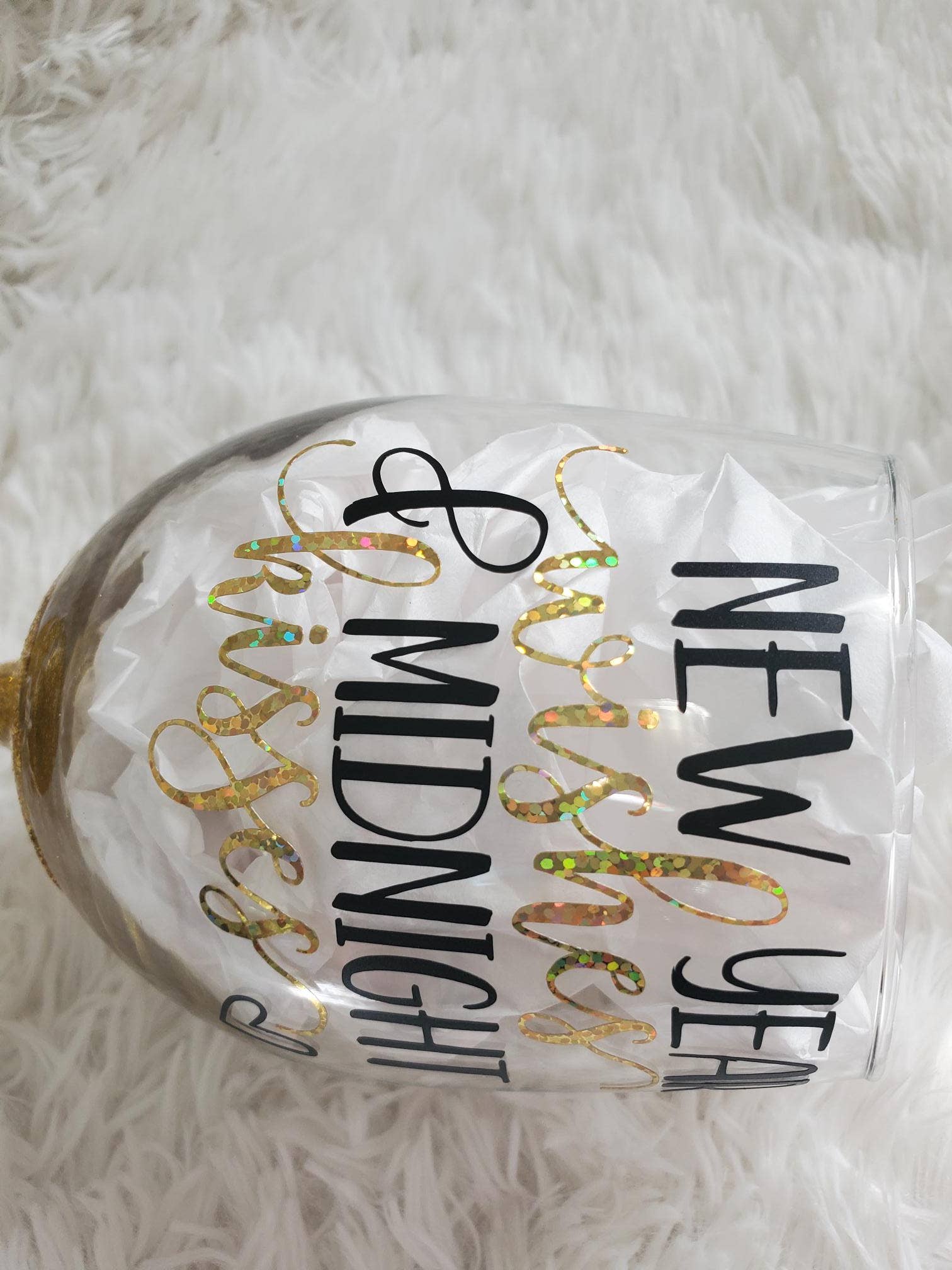 Tots And Tumblers Art - Wholesale Wine Glass - New Years Wishes Midnight Kisses Gold Glittered Stemmed Wine5