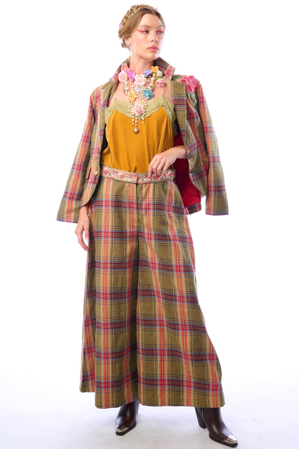 Olive Plaids Combo Season Statement Pants for wholesale on Faire0