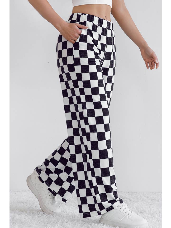 LA Society - Wholesale Pants - Women's - Checkered Print High Waist Wide Leg Pants