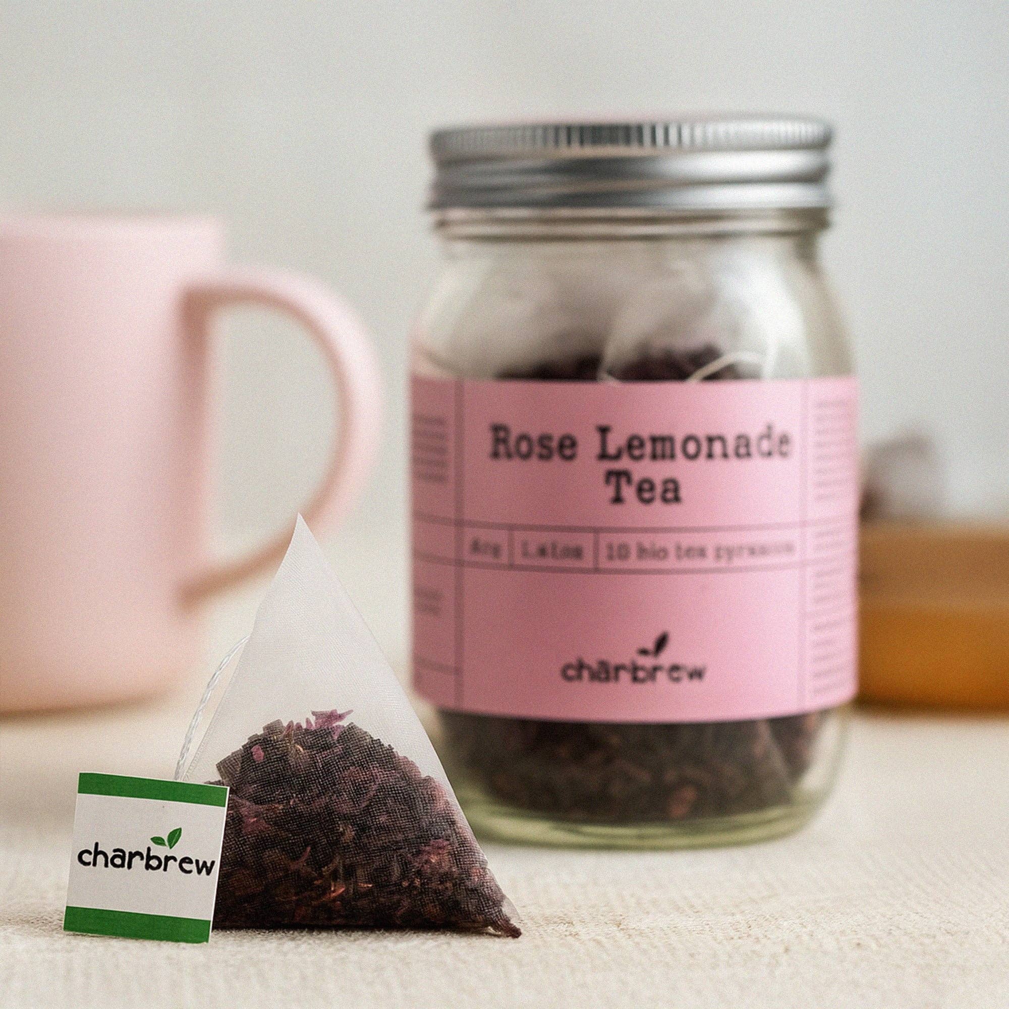 Charbrew Tea & Coffee – wholesale Tea bags – Rose Lemonade Tea Bags Mason Jar - 16 Biodegradable Pyramid Bags1