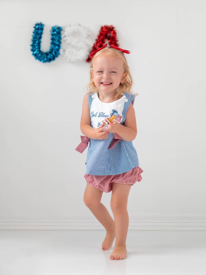 Posh Pickle - Wholesale Top & Short Set - Kids - God Bless The USA Popover Split Side Embroidered Top & Bloomer Set