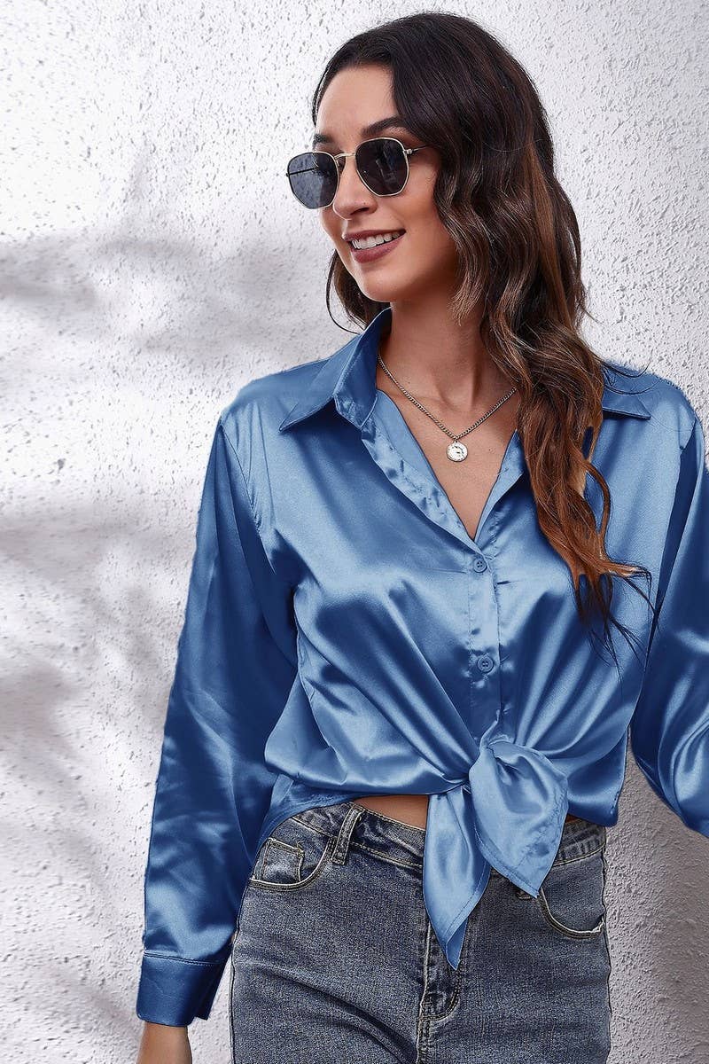 NINEXIS - Wholesale Button Down Shirt - Women's - CWTBLL0691_Button Down Silky Satin Long Sleeve Top35