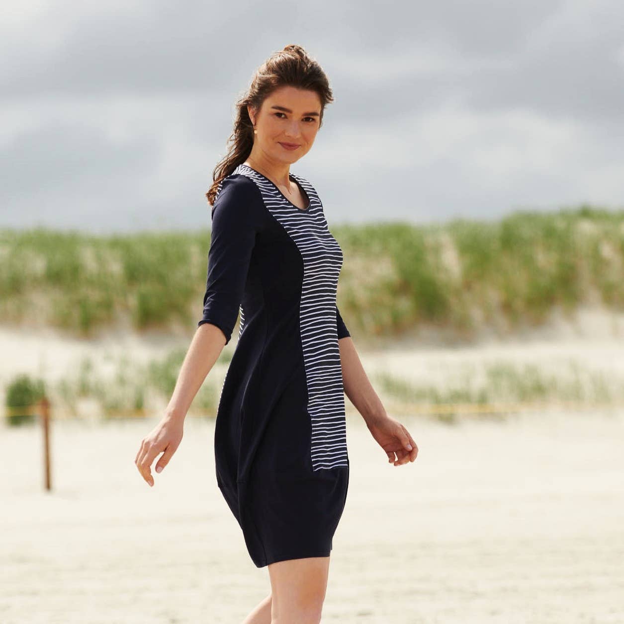 CON_STANT - Wholesale Dress - Women's - 3/4-sleeve balloon dress “Patch Ringel Night Sky”2