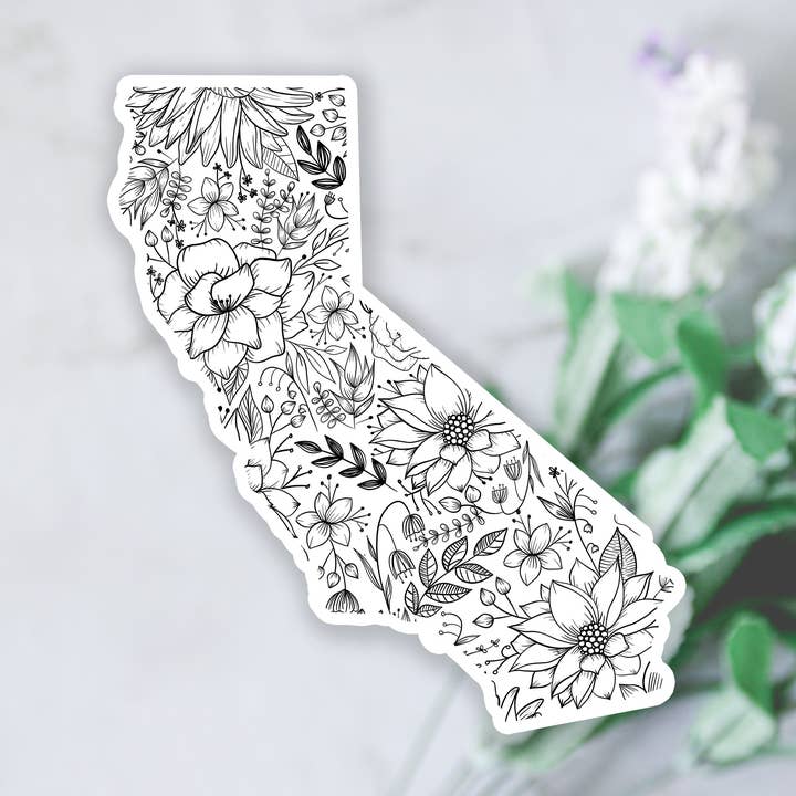 Vinyl-Aufkleber California State mit Blumenmuster, Schwarz und Weiß für den Großhandel von West Creek Mercantile