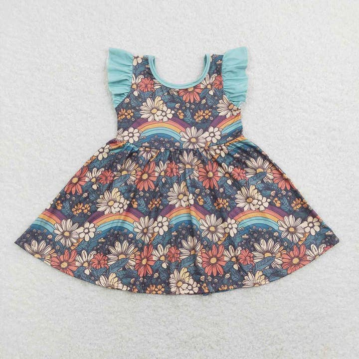 Aier Wholesale - Wholesale Dress - Kids - Baby Girls Groovy Rainbow Flowers Knee Length Dresses