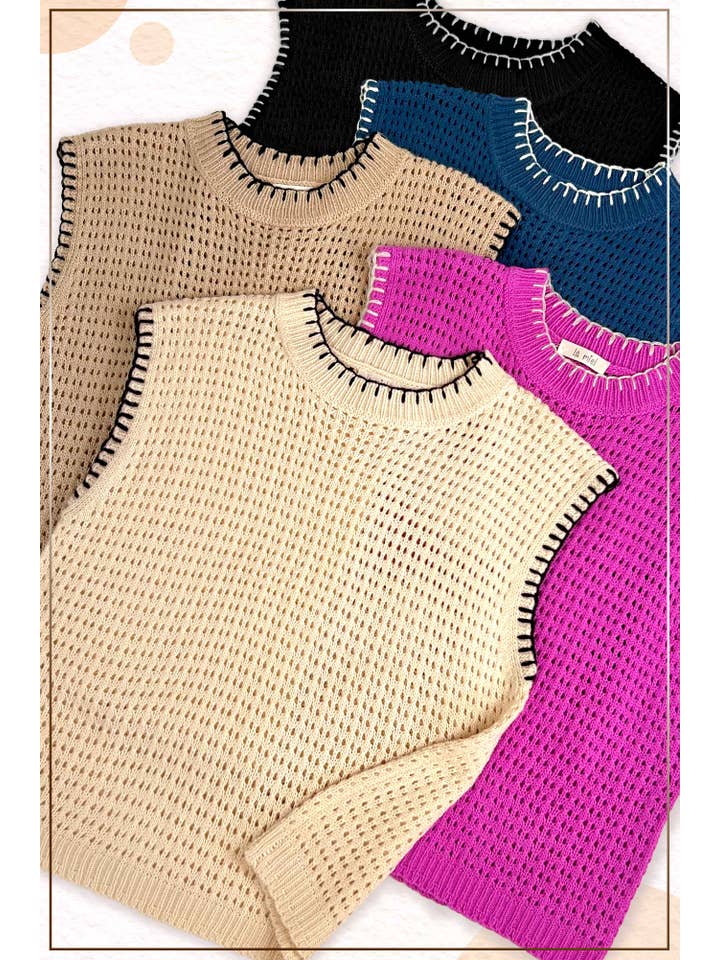 La Miel - Wholesale Sweater Vest - Women's - MDS3597-Crochet Knit Stitching Detailed Sleeveless Top