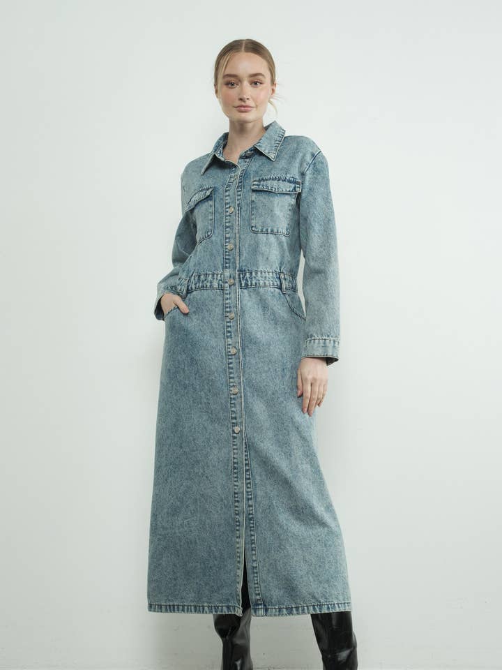 MAD2878 DENIM LAPEL COLLAR MAXI DRESS for wholesale on Faire