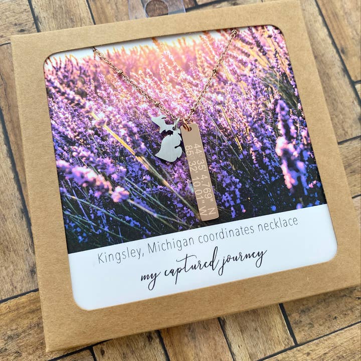 My Captured Journey - Wholesale Pendant/Charm Necklace - Custom Michigan Coordinates Vertical Bar Necklace - Name Drop1