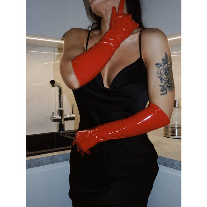Devils Boutique – Großhandel Handschuhe – Damen – Rote lange Handschuhe für Damen, Vinyl, Opernhandschuhe, PVC, lange Finger