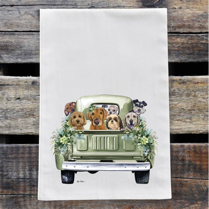 Dogs in Truck Towel, Green Farm Truck Kitchen Towel for wholesale by Hippie Hound Studios