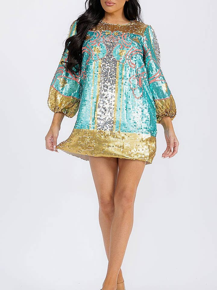 MULTI SEQUIN PRINT BUBBLE SLEEVE MINI DRESS and other Purchase Wholesale sequin dresses. Free Returns & Net 60 Terms on Faire trending on Faire.