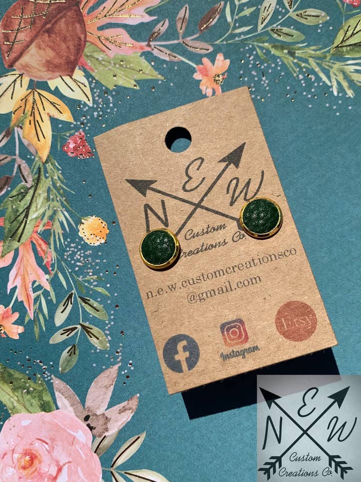 Kelly Green Vegan Leather Stud Earrings with Push Back Closure for wholesale by N.E.W. Custom Creations Co LLC