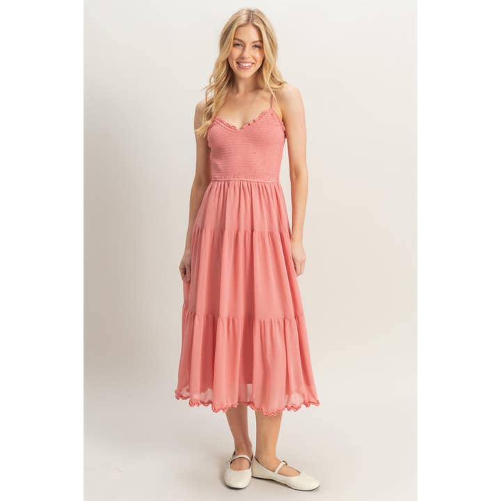 HYFVE - Wholesale Dress - Women's - HF25A760-Chiffon Smocked Bodice Tiered Midi Dress
