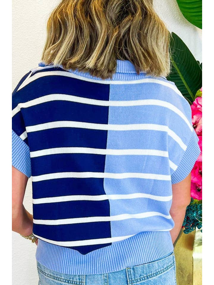 Listra azul celeste Camisola Tripe Quarter com Zíper para venda a revendedores na Faire