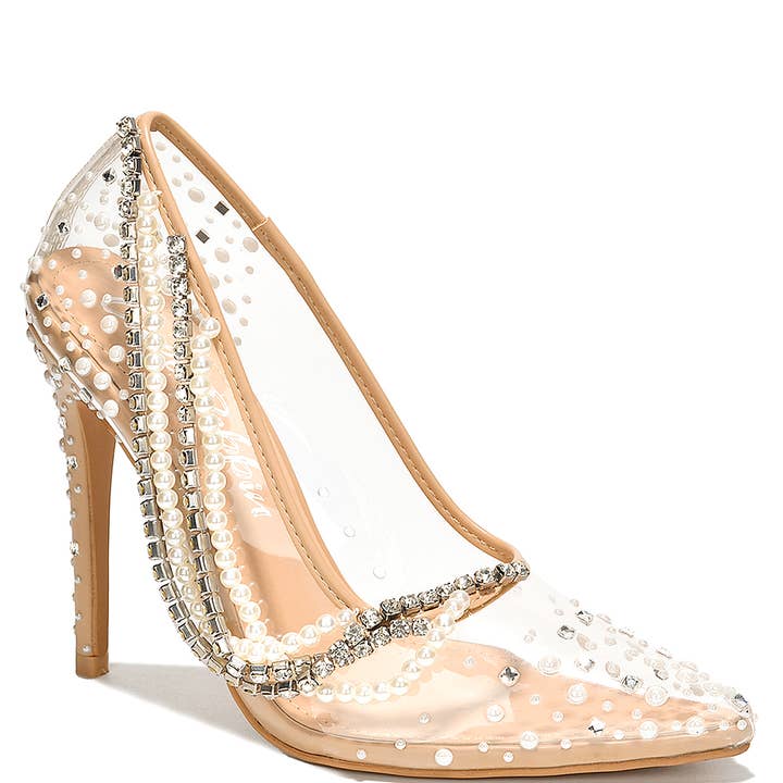 CLEAR PUMPS W PEARL AND CHAIN 12 PAIRS, ARAVALYN 12 for wholesale by JOIA ACCESSORIES