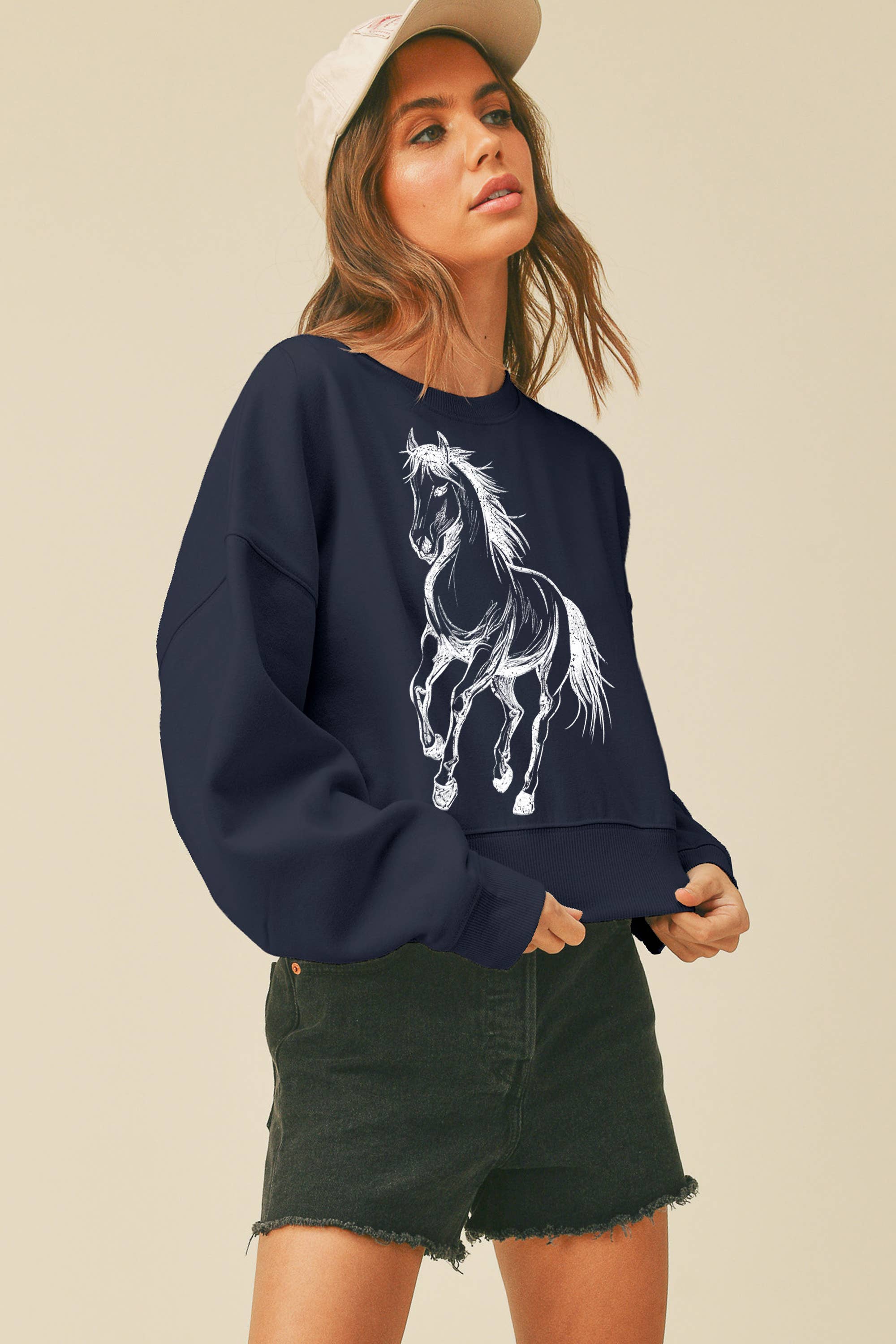 Honestee - Wholesale Grafisch sweatshirt - Dames - Paardenschets Afgeknipte Lange Mouwen Sweatshirt5
