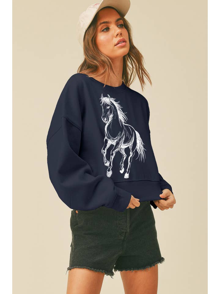 Honestee - Wholesale Graphic Sweatshirt - Women's - Horse Sketch Cropped Long Sleeve Sweatshirt3