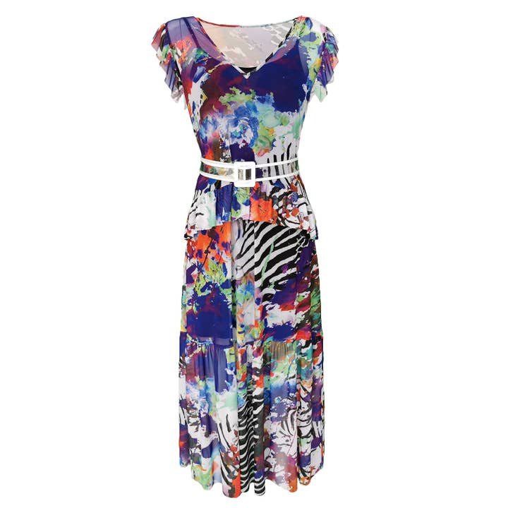 Multi-Color Tulle Maxi Dress With Transparent Belt for wholesale by Lalipop Design