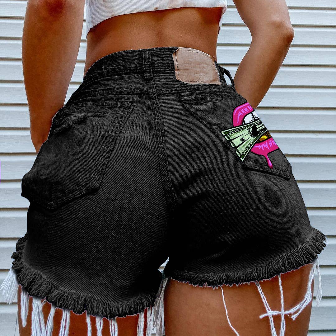 Tourtiwi - Wholesale Shorts - Women's - Cash in the Mouth Print Ripped Denim Shorts8