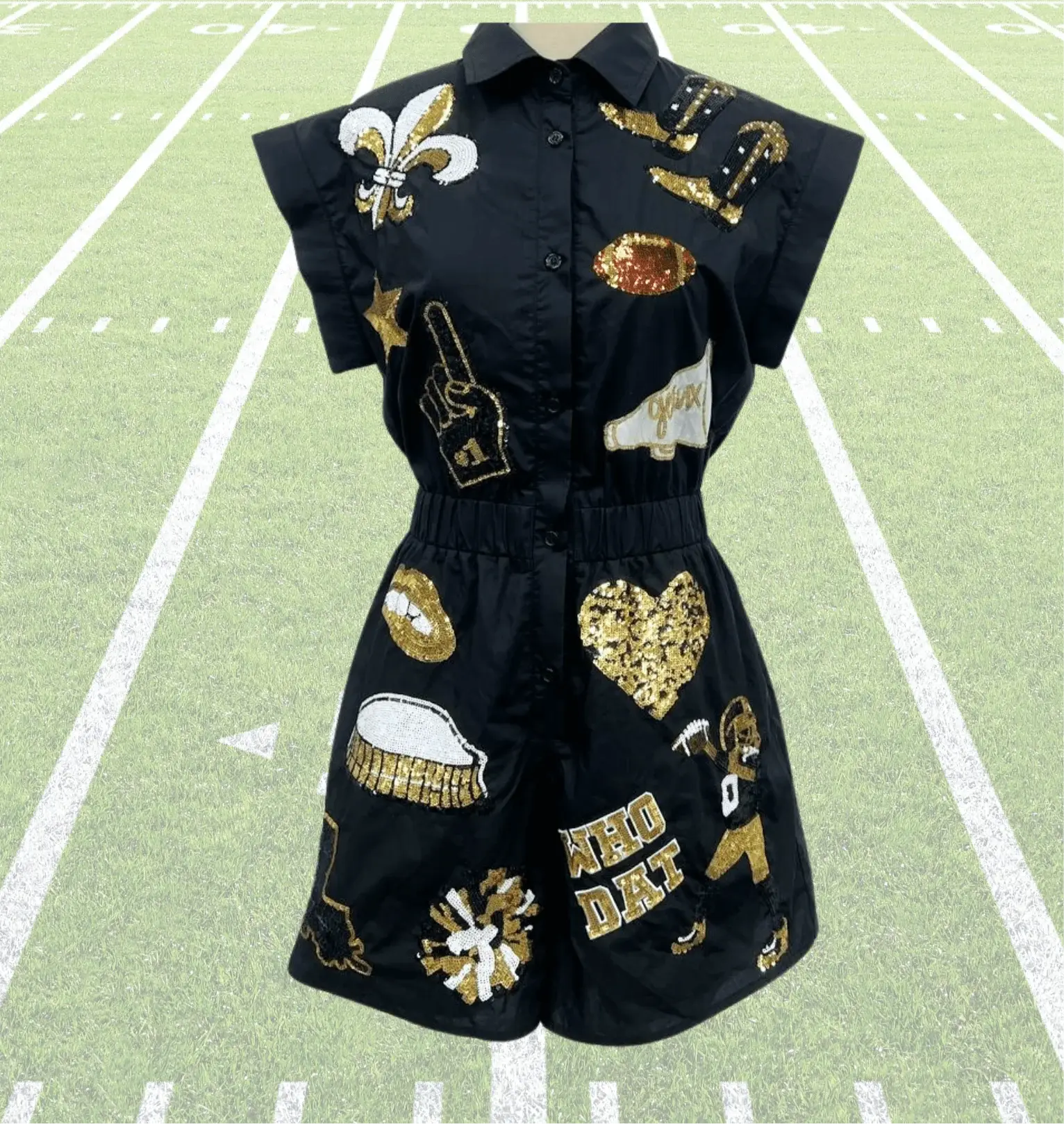 Sash Clothing Bar - Wholesale Romper - Women's - Black & Gold New Orleans Gameday Romper4