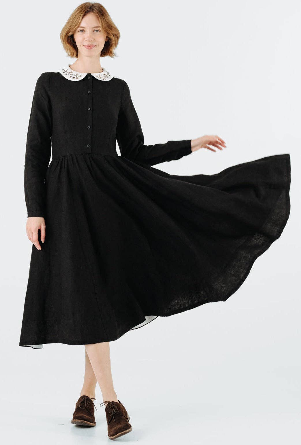 Son de Flor - Wholesale Dress - Women's - Classic Dress with Embroidered Hazelnut Collar, Long Sleeve0