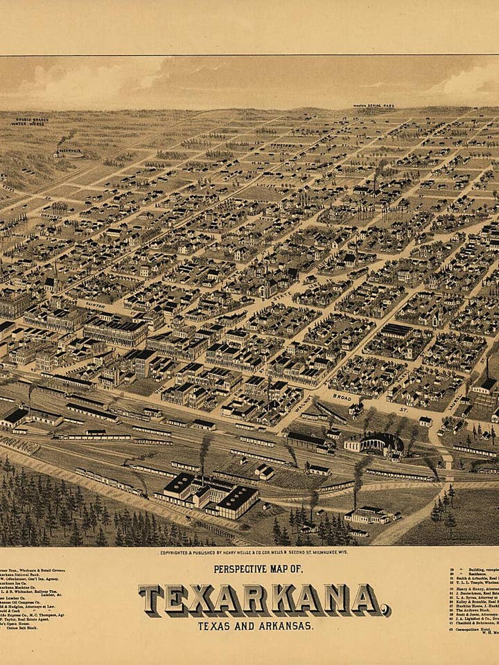 Perspective Map Of, Texarkana, Texas and Arkansas 1888 for wholesale by Relic Map Co.
