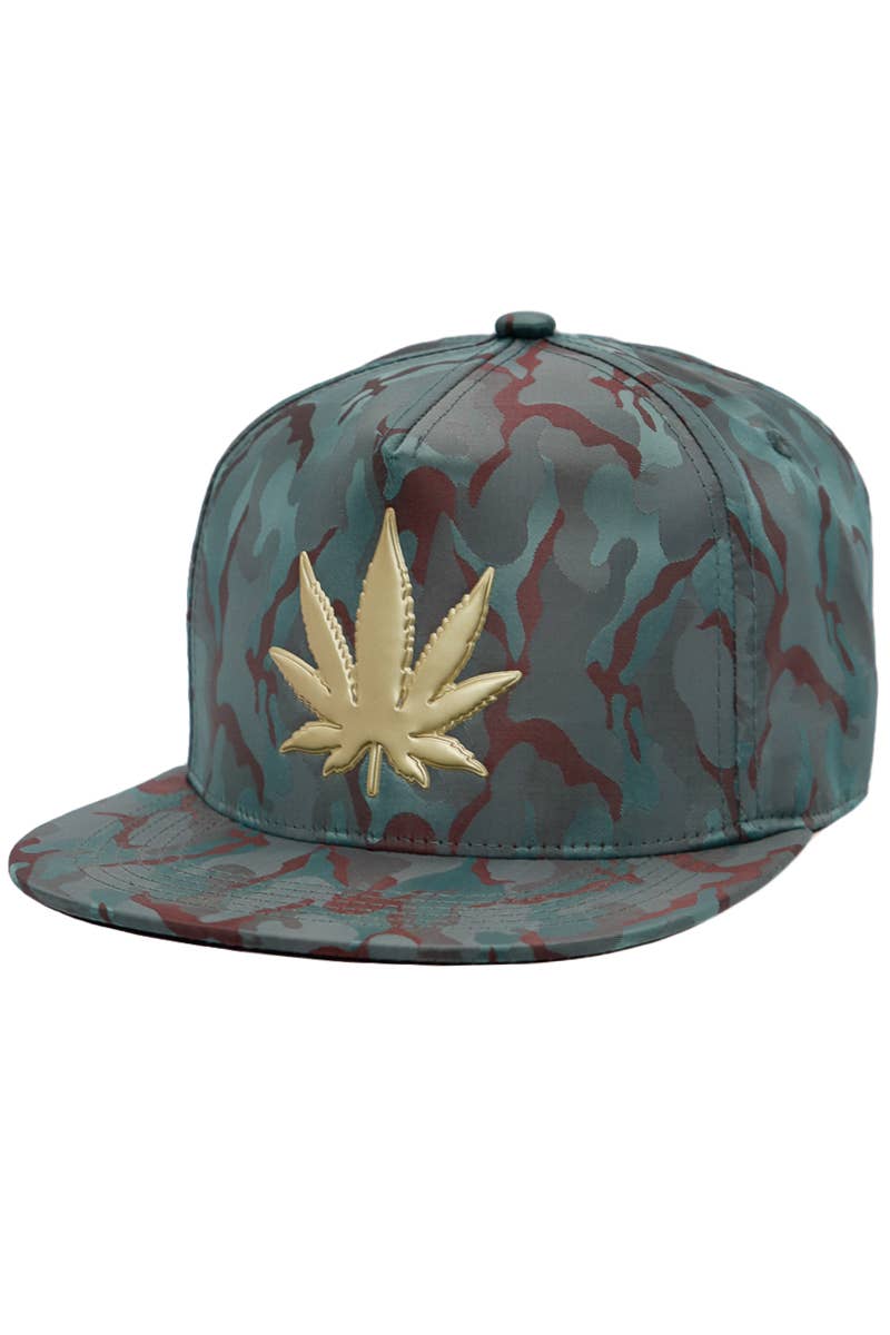 Cap Zone - Wholesale Flat Brim Cap - Men's - Gold Marijuana Leaf Embossed Camo Polyester Fabric Snapback12