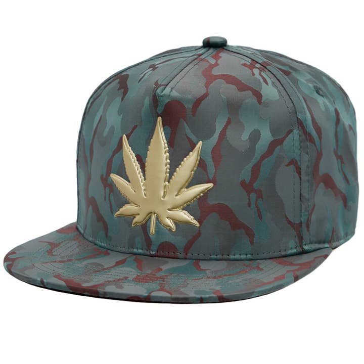 Cap Zone - Wholesale Flat Brim Cap - Men's - Gold Marijuana Leaf Embossed Camo Polyester Fabric Snapback12