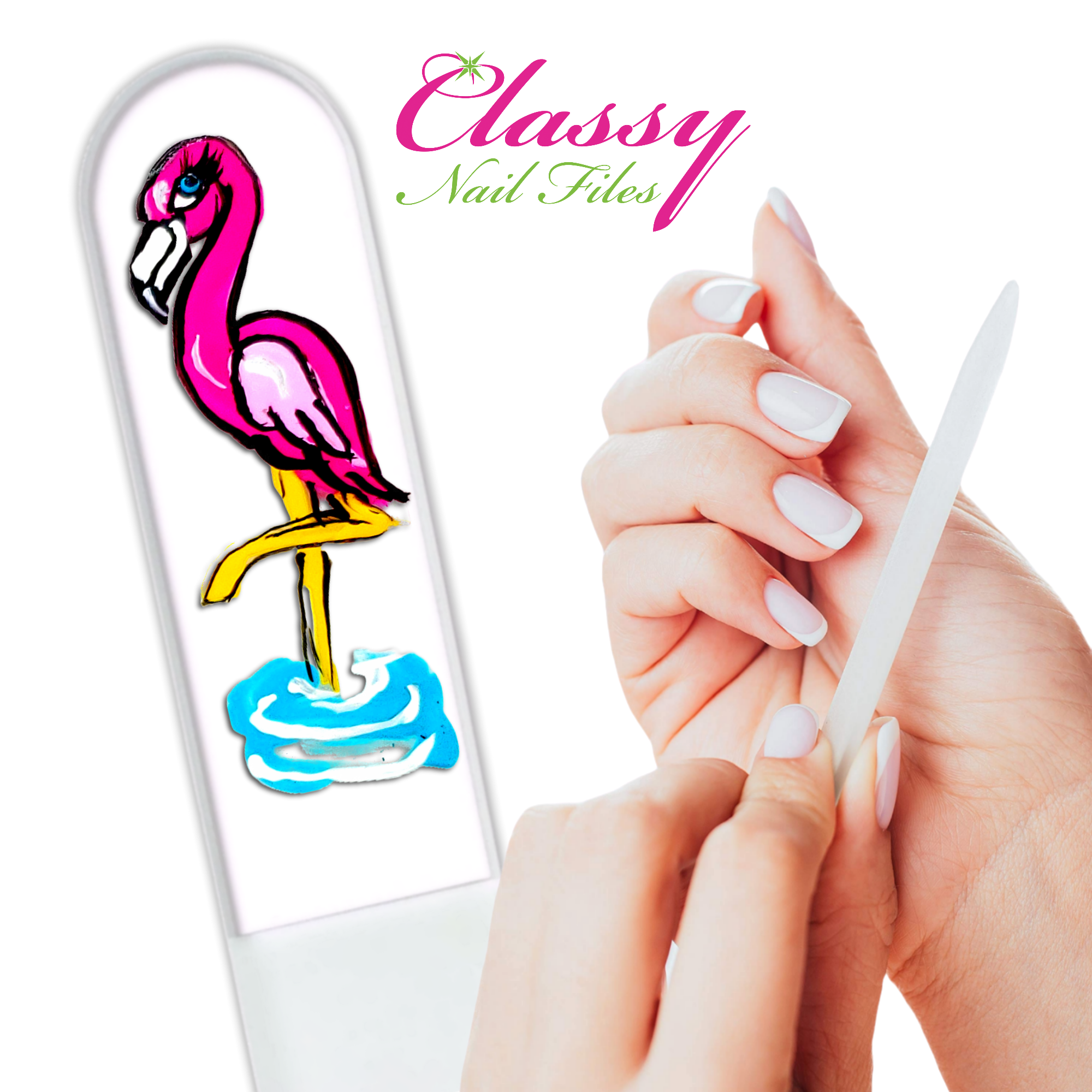 Classy Nail Files - Vendita all'ingrosso Lime per unghie - Lima per Unghie in Cristallo Dipinta a Mano con Uccello Fenicottero Rosa Fauna Selvatica4