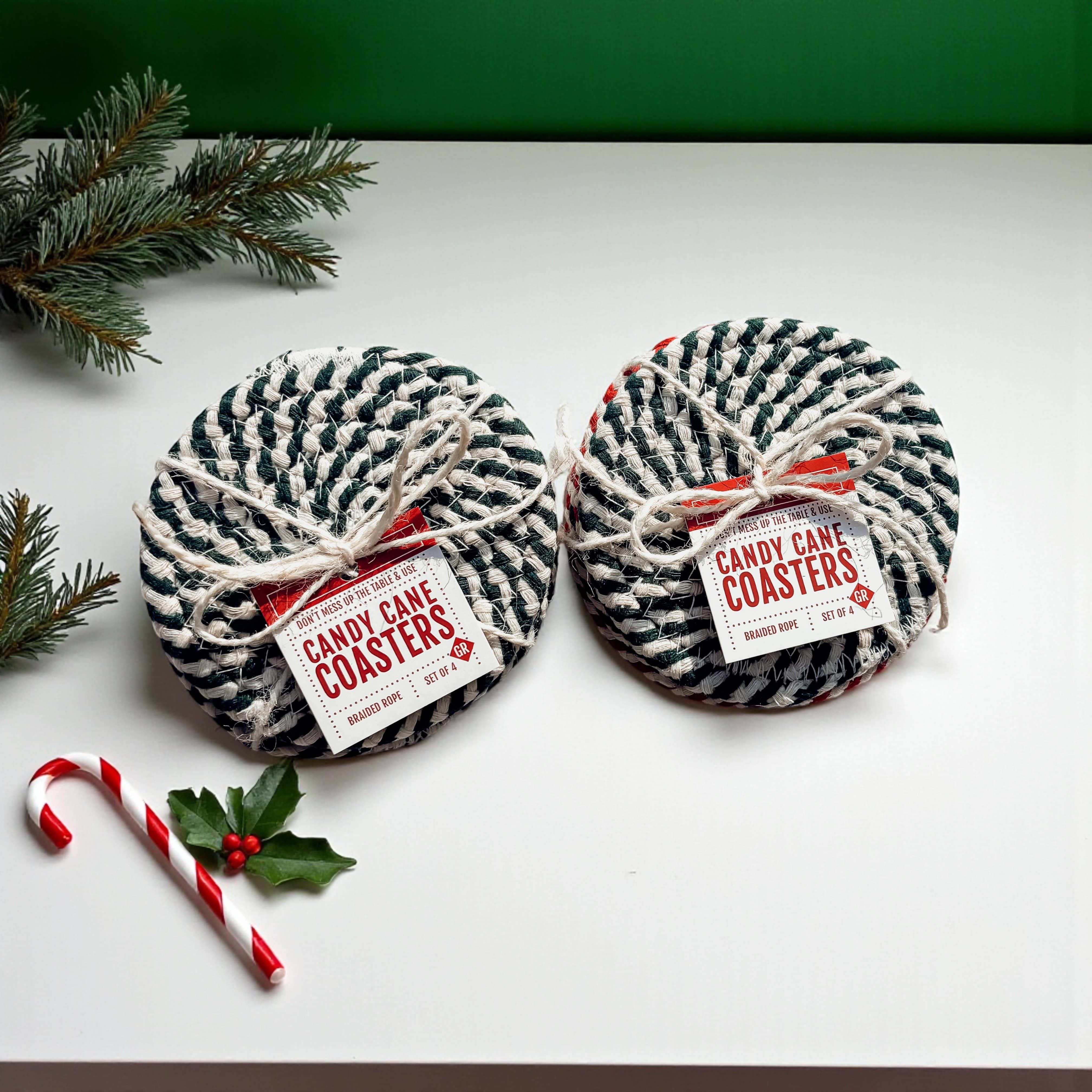 Gia Roma - Wholesale Coasters - Christmas Coasters, Red Candy Cane Braided Cotton Fabric Set19