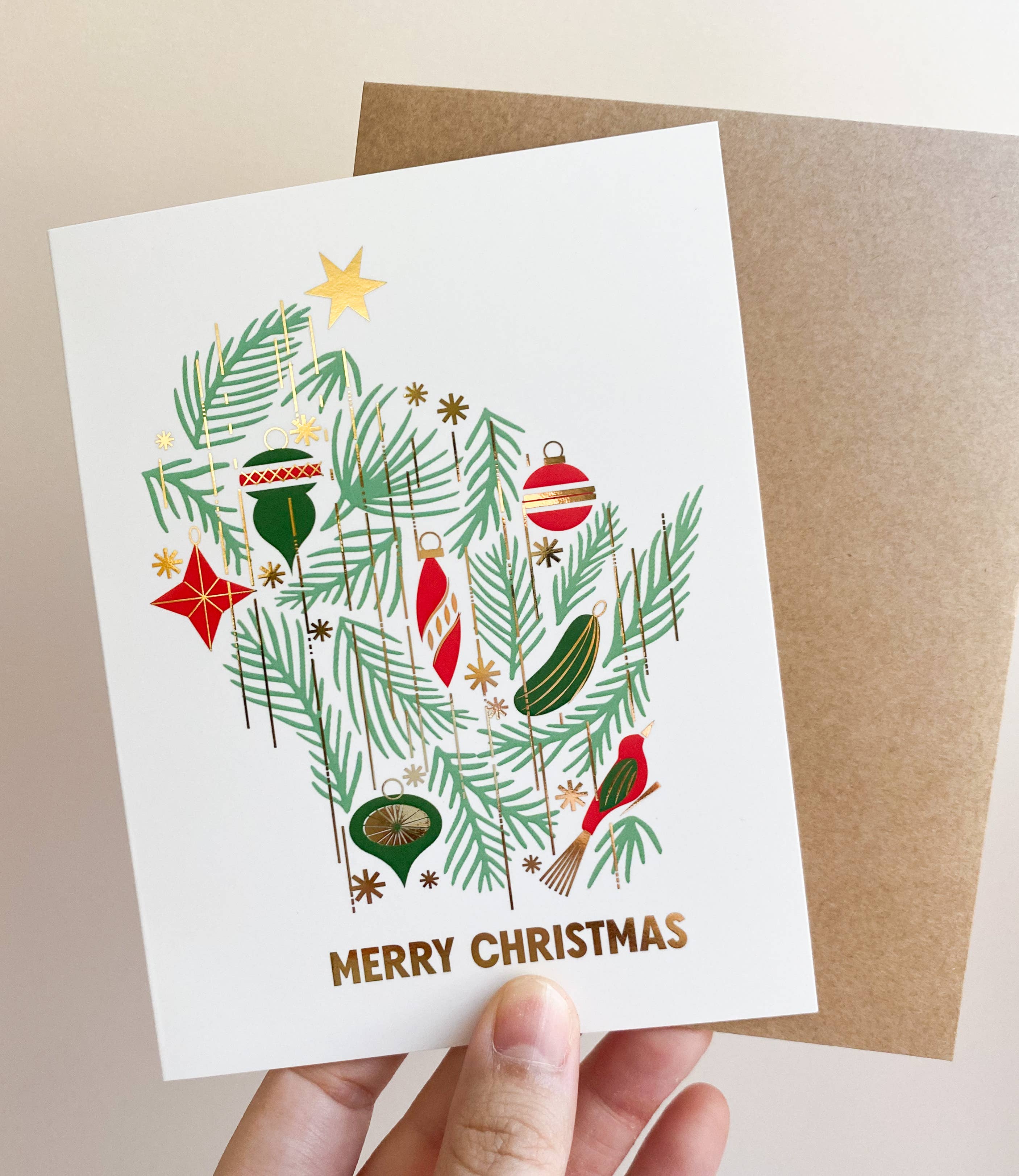 Bottlebrush Graphics - Wholesale Christmas Card - WI Christmas Greenery Gold Foiled Holiday Card1