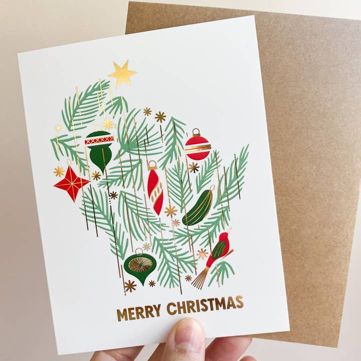 Bottlebrush Graphics - Wholesale Christmas Card - WI Christmas Greenery Gold Foiled Holiday Card1