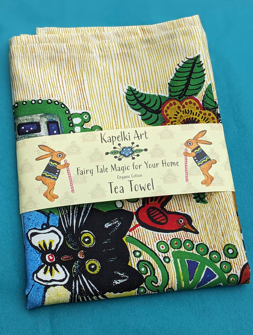 Kapelki Art - Wholesale Tea Towel - Folk Art Dancing Cats organic cotton tea towel1