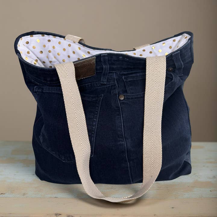 PAIGE Upcycled Premium Dark Denim Tote Bag - gold dots for wholesale by Indigo Bags